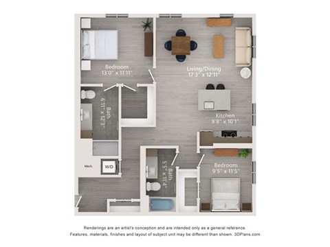 A floor plan of a house with a living room, dining room, kitchen, and two bedrooms.
